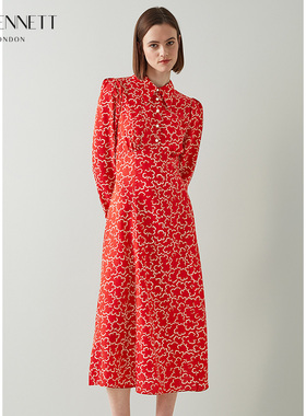 LK BENNETT红色印花羊毛真丝连衣裙女秋冬23新款翻领长袖高腰长裙