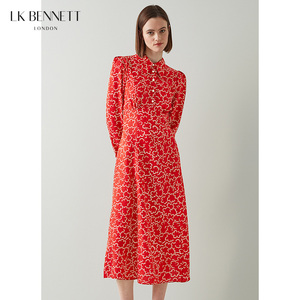 LK BENNETT红色印花羊毛真丝连衣裙女秋冬23新款翻领长袖高腰长裙