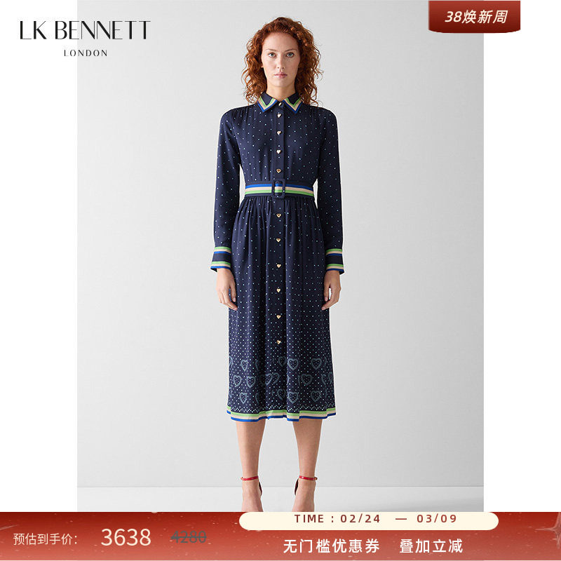 LK BENNETT法式复古深蓝波点连衣裙2026春夏收腰显瘦长袖衬衫裙