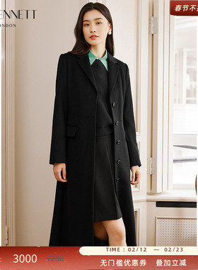 LK BENNETT黑色100%绵羊毛大衣女冬新款法式收腰单排扣腰带设计