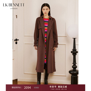 LK BENNETT咖啡色绵羊毛大衣冬新款英伦风双排扣腰带设计