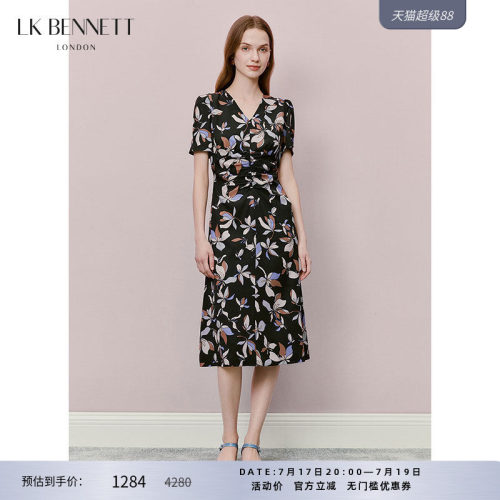 LK BENNETT黑色印花连衣裙夏新款连衣裙碎花V领气质