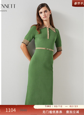 LK BENNETT绿色针织连衣裙新款春修身polo领长裙毛衣裙通勤