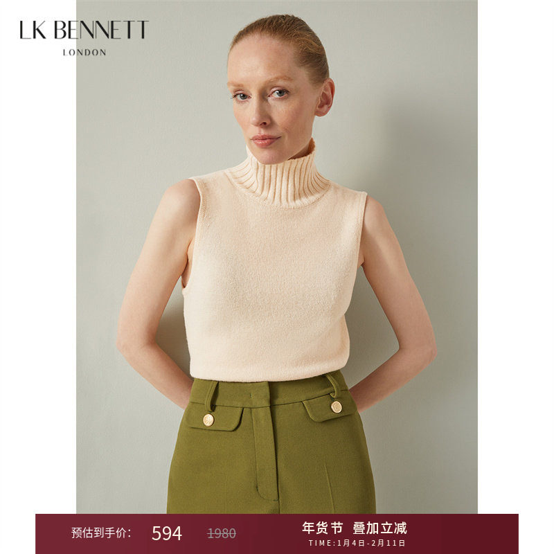 【朱珠同款】LK BENNETT驼色绵羊毛背心秋新款高领无袖针织