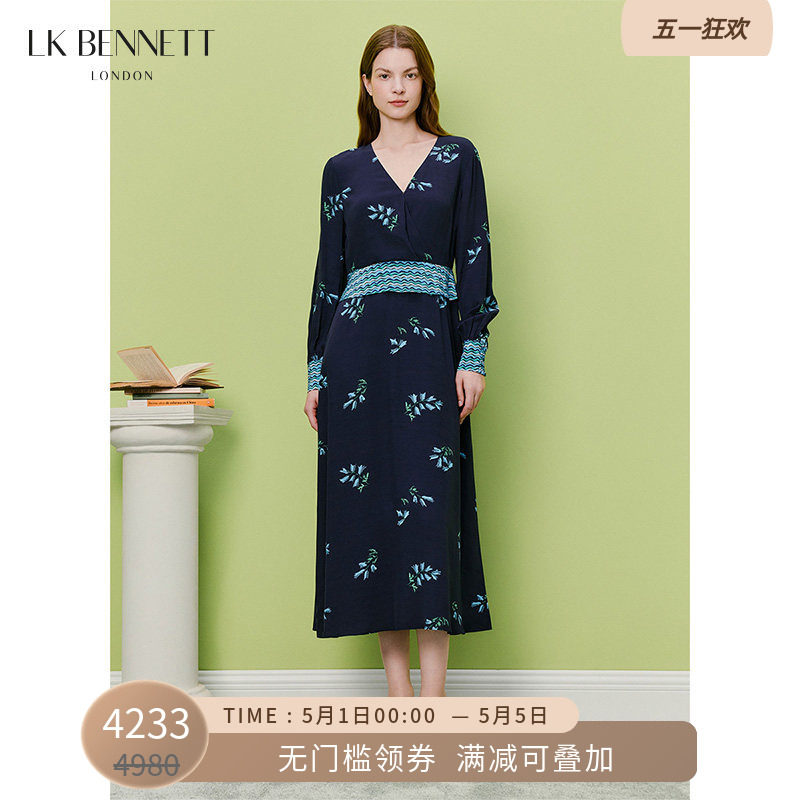 LK BENNETT深蓝印花连衣裙女2026春新款V领收腰长袖气质复古优雅
