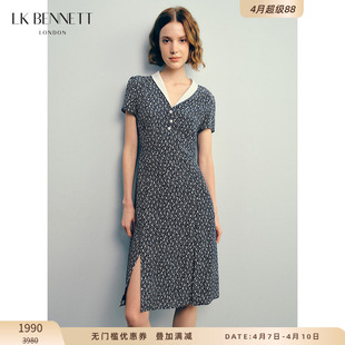 BENNETT深蓝印花连衣裙收腰气质桑蚕丝显瘦开衩中裙 真丝