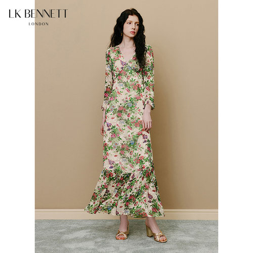 【朱珠同款】LK BENNETT高级感印花真丝连衣裙女夏新款v领长裙