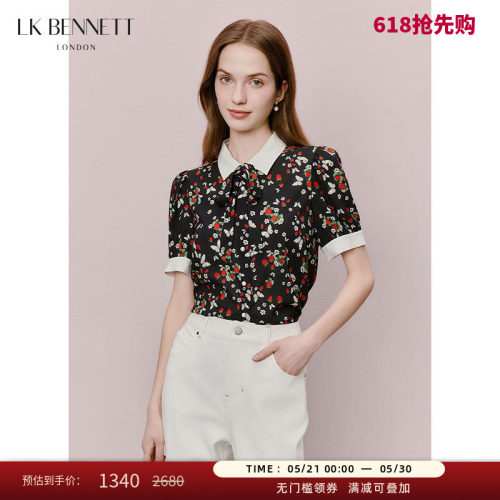 LK BENNETT黑色印花上衣夏新款撞色领桑蚕丝法式优雅衬衫