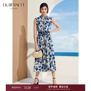 荷叶边a字连衣裙 纯棉无袖 lkbennett蓝色立领印花裙2025年夏季 新款