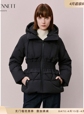 LK BENNETT深蓝色白鹅绒羽绒服冬新款立裁收腰显瘦保暖连帽