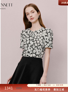 LK BENNETT黑色蝴蝶结上衣2025年夏季新款圆领短袖法式优雅衬衫