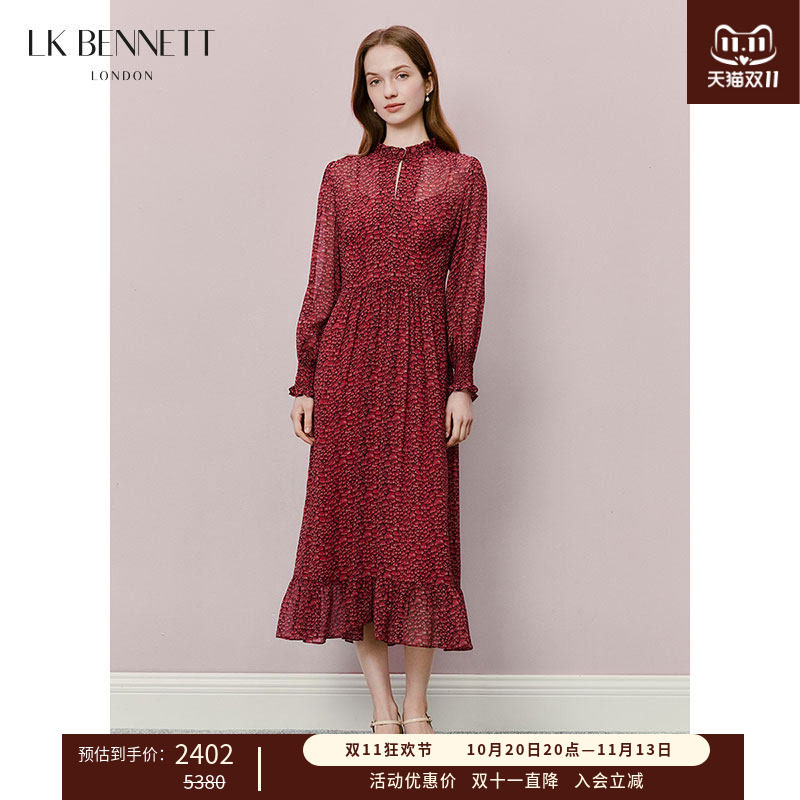 LK BENNETT红色印花连衣裙女春新款优雅木耳边领真丝长裙