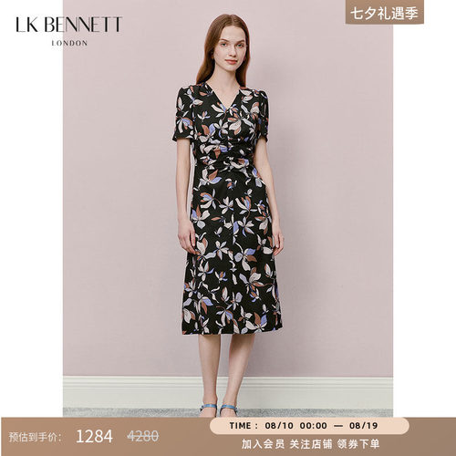 LK BENNETT黑色印花连衣裙夏新款连衣裙碎花V领气质