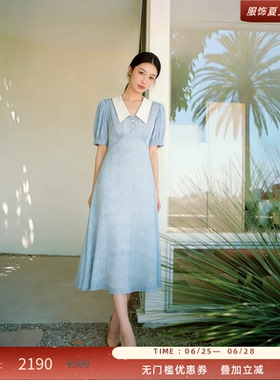 LK BENNETT蓝色连衣裙女夏季法式气质千鸟格娃娃领收腰短袖长裙