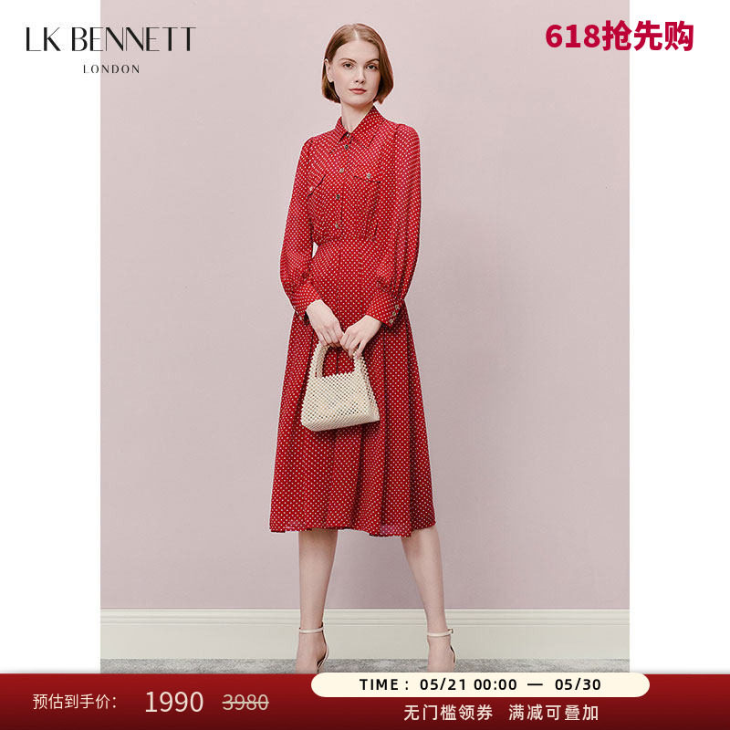 LK BENNETT红色波点连衣裙女年冬新款法式收腰衬衫裙百搭通勤