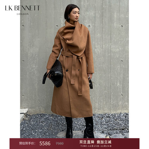 lkbennett驼色绵羊毛双面呢大衣2025冬季新款围巾领双排扣外套