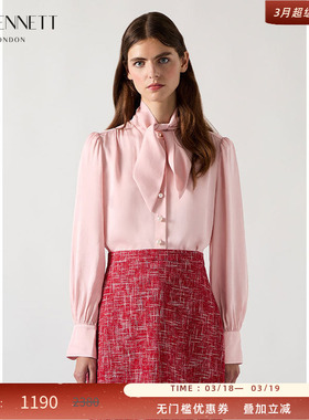 LK BENNETT藕荷粉色飘带领上衣2025年春新款精致珠扣长袖衬衫