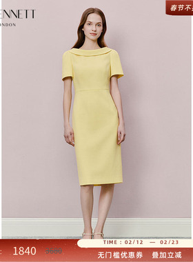 LK BENNETT黄色正装连衣裙2025年夏新款气质船领收腰显瘦中长款
