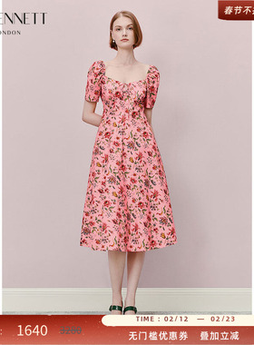 LK BENNETT粉色碎花连衣裙女夏泡泡袖桃心领高腰长裙法式度假风