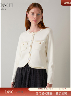 LK BENNETT米色针织开衫女2025秋新款绵羊毛小香风花边领口短外套