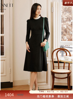 LK BENNETT黑色气质连衣裙女冬新款法式收腰显瘦褶皱小黑裙