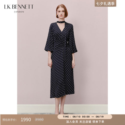 LK BENNETT蓝色波点飘带领连衣裙女春收腰褶皱灯笼袖长裙