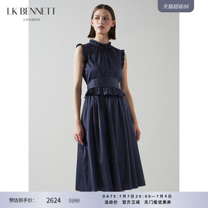 LK BENNETT藏蓝色法式无袖连衣裙女夏季木耳边棉混纺收腰休闲长裙