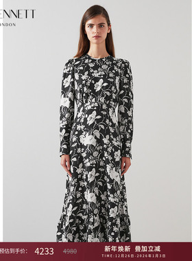 【朱珠同款】lkbennett黑色山茶花印花连衣裙桑蚕丝高级感长裙