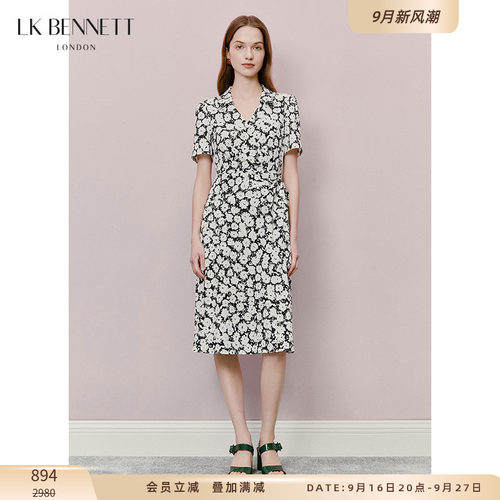 LK BENNETT黑色印花连衣裙夏新款v领收腰系带法式复古优雅