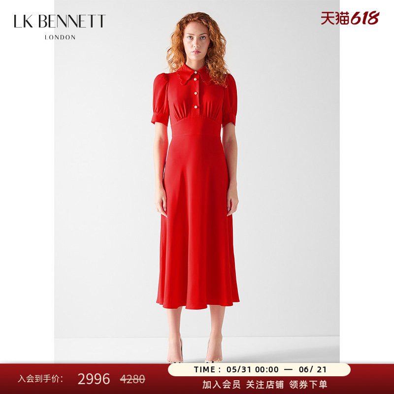 LK BENNETT红色娃娃领连衣裙女26夏新款泡泡袖收腰显瘦气质茶歇裙