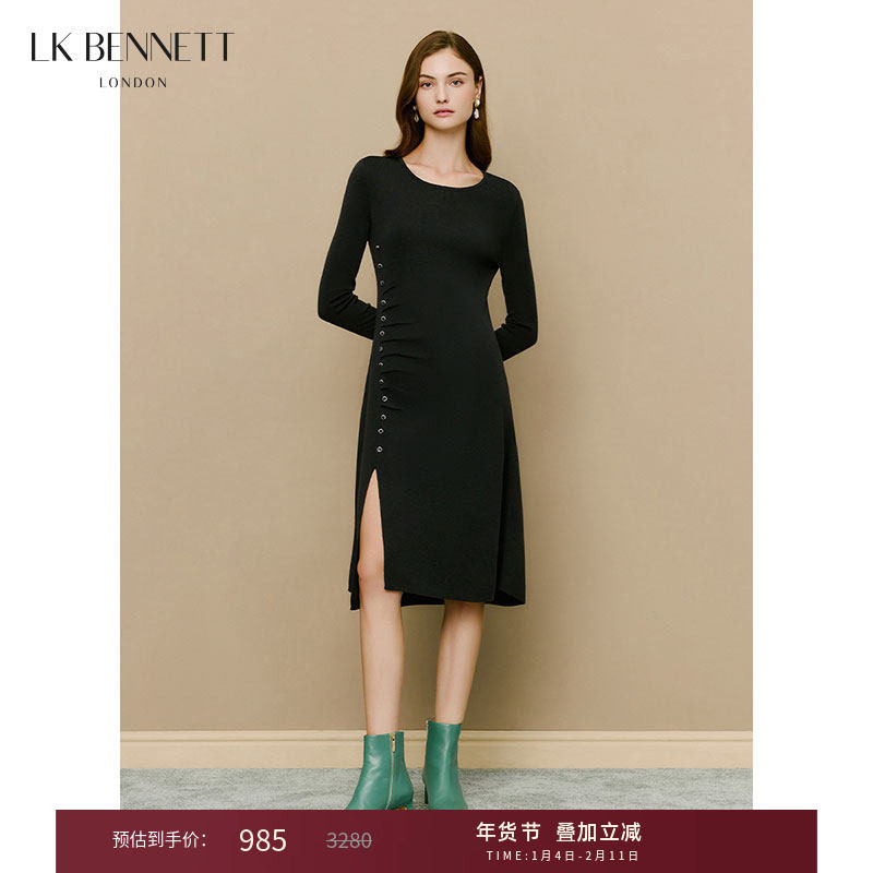 LK BENNETT黑色绵羊毛连衣裙女冬新款排扣设计感开叉中长裙