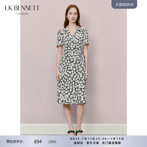LK BENNETT黑色印花连衣裙夏新款v领收腰系带法式复古优雅