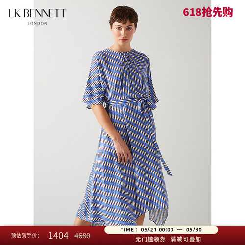 【真丝】LK BENNETT蓝色不规则连衣裙夏新款设计感气质收腰裙