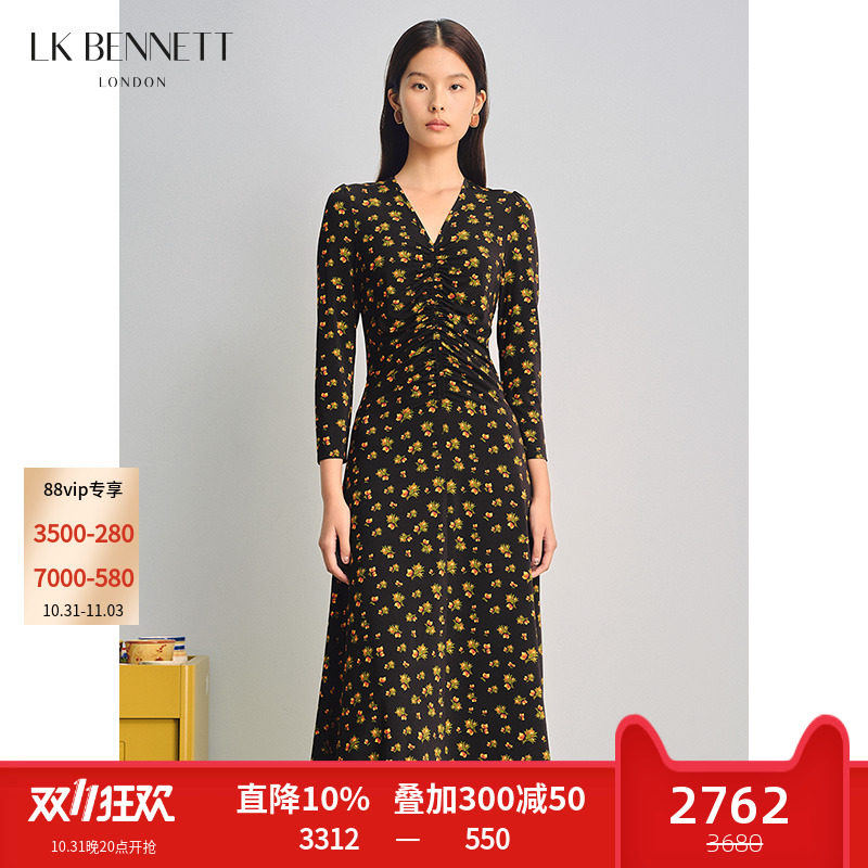lkbennett2023新款碎花连衣裙秋冬女v领微垫肩收腰微弹法式长裙
