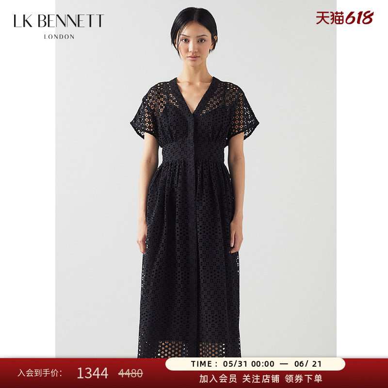LK BENNETT黑色镂空蕾丝连衣裙女夏新款v领法式收腰长裙高级感