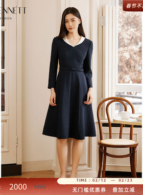 LK BENNETT深蓝v领连衣裙女冬新款气质显瘦高级感翻领中长裙