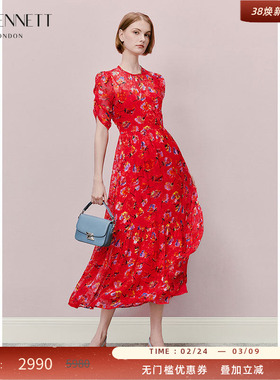 【闫妮同款】LK BENNETT红色印花连衣裙2025年夏收腰显瘦碎花长裙
