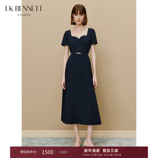 修身 赫本风气质短袖 连衣裙 法式 lkbennett深蓝v领连衣裙女新款