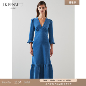 LK BENNETT蓝色灯芯绒连衣裙新款v领收腰长裙复古小众设计感