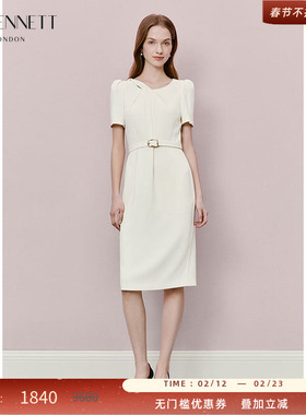 LK BENNETT白色正装连衣裙2025年夏新款腰带设计收腰显瘦中长款