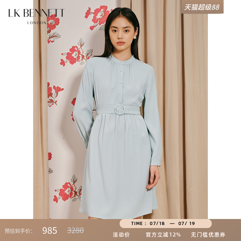 lkbennett灰蓝色醋酸长袖连衣裙女秋 新款圆领收腰短款小个子