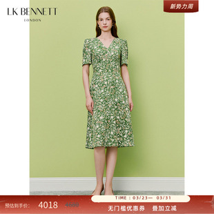 桑蚕丝混纺V领收腰复古茶歇裙 BENNETT绿色碎花连衣裙26春新款