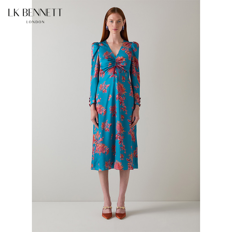 lkbennett蓝色印花连衣裙2025秋新款法式V领抽褶撞色气质中长款