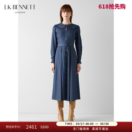 lk亲肤棉复古翻领腰带牛仔连衣裙