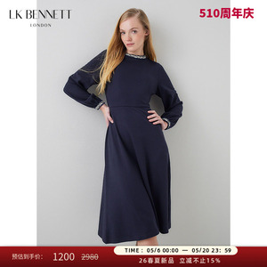 LK BENNETT藏蓝气质连衣裙女春新款长袖收腰a字长裙通勤显瘦