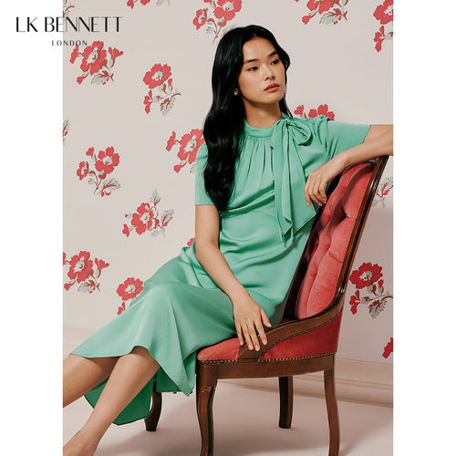 【明星同款】LK BENNETT气质绿色连衣裙女夏季短袖蝴蝶结垂感长裙
