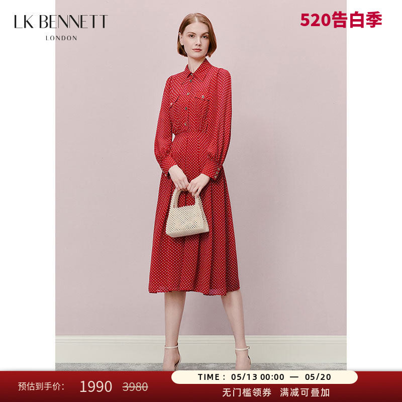 LK BENNETT红色波点连衣裙女年冬新款法式收腰衬衫裙百搭通勤