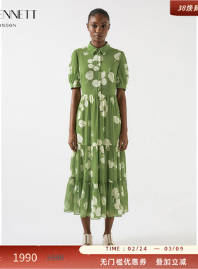 LK BENNETT绿色连衣裙2025年夏新款衬衫领印花抽褶收腰气质蛋糕裙