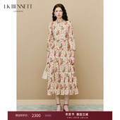 真丝连衣裙 花边领长袖 BENNETT米色印花连衣裙女新款 法式