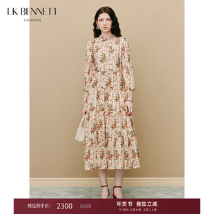 LK BENNETT米色印花连衣裙女新款法式花边领长袖真丝连衣裙